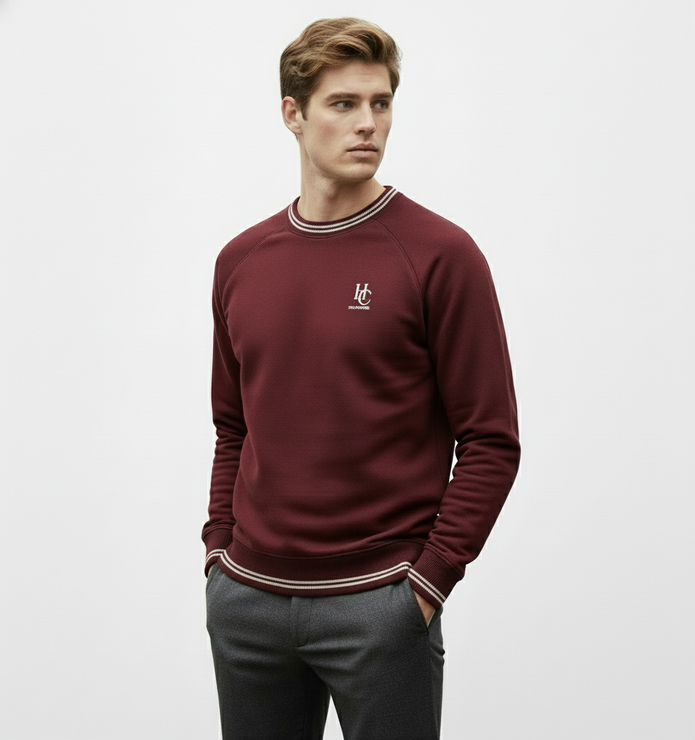 Burgundy sweatshirt with matching burgundy ribs and white stitching