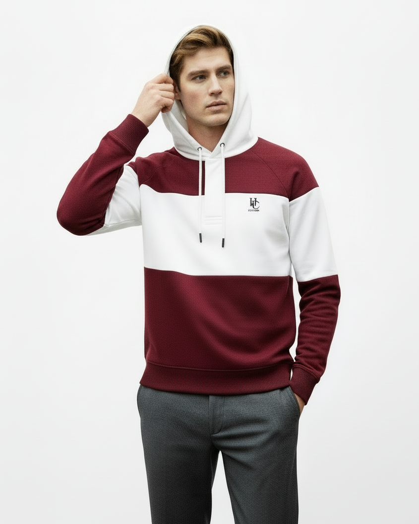 Casual walking pose adjusting hood