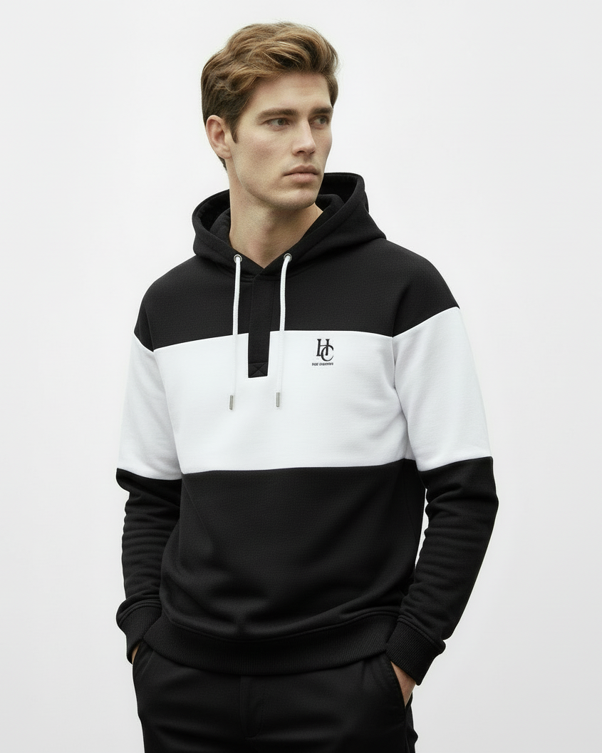 Color-blocked hoodie with black placket and black pants