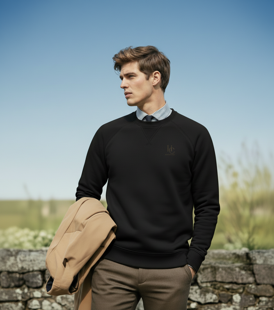 Model wearing black HC sweatshirt with white detailing