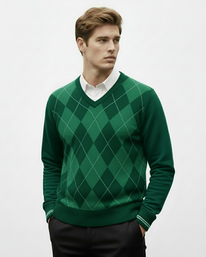 Model wearing emerald green argyle sweater