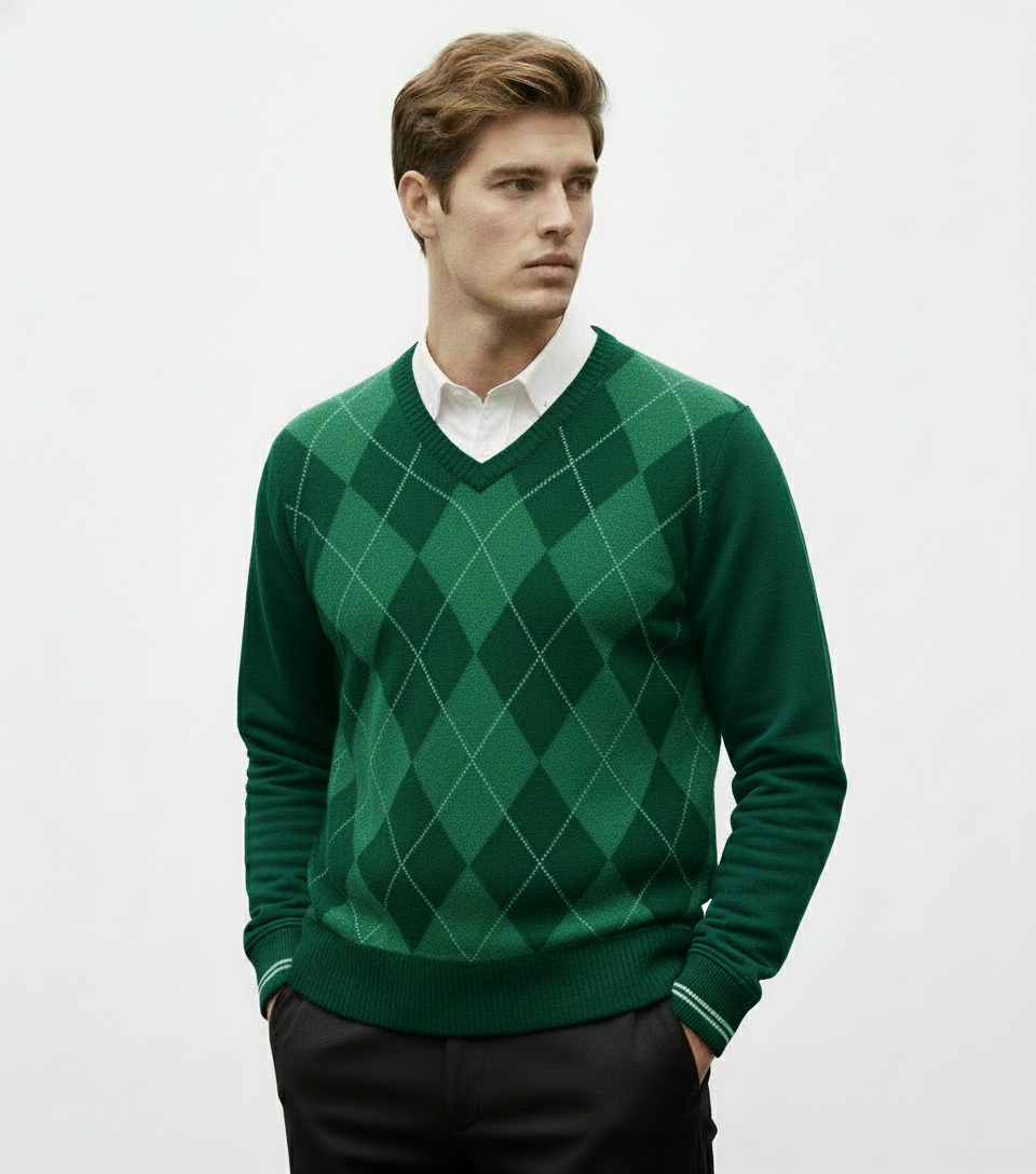 Model wearing emerald green argyle sweater