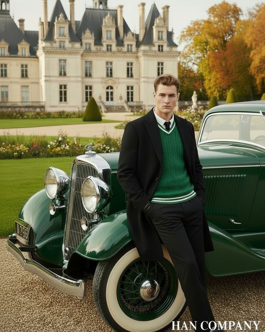 Model with tie under sweater at chateau