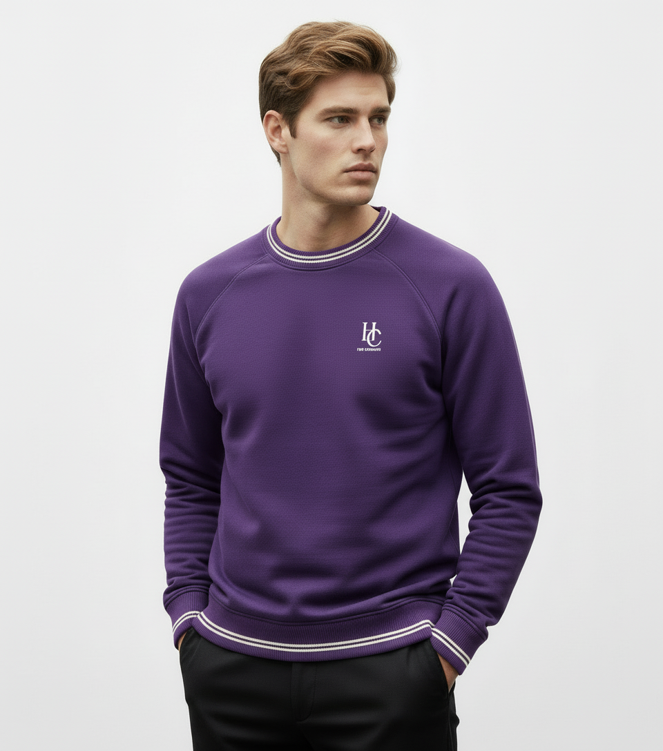Purple HC sweatshirt with purple ribbing and white stitching